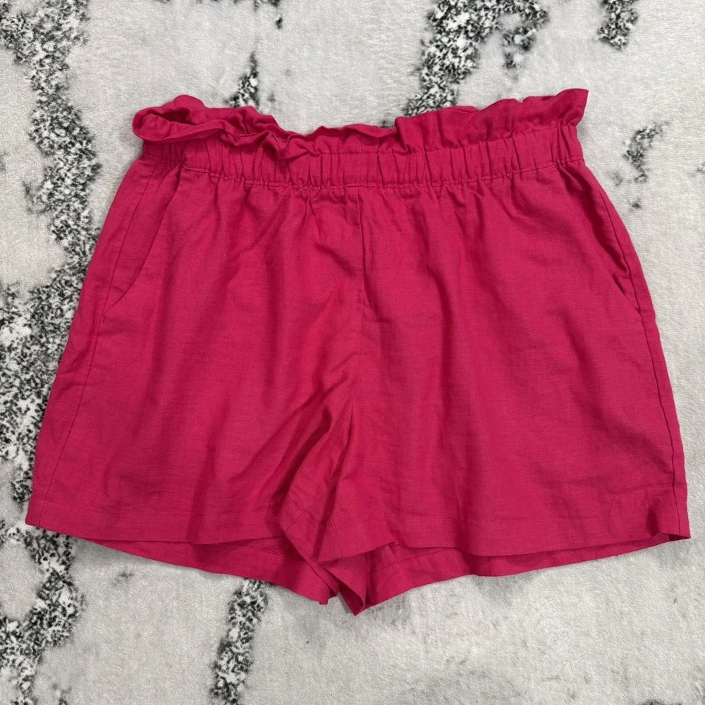 Express Shorts Womens Size L Pink Linen Blend Paperbag Waist Pull On Pockets